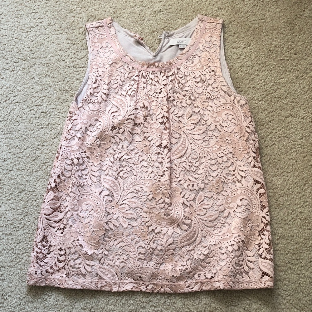 Loft pink blush floral laced lined sleeveless blouse EUC